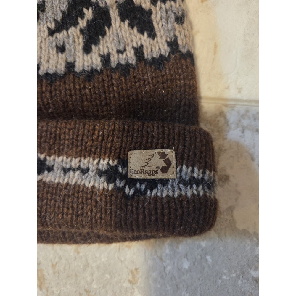 Vintage EcoRaggs Brown Winter Beanie With Nordic Inspired Snowflake Pattern Wool - Picture 2 of 4